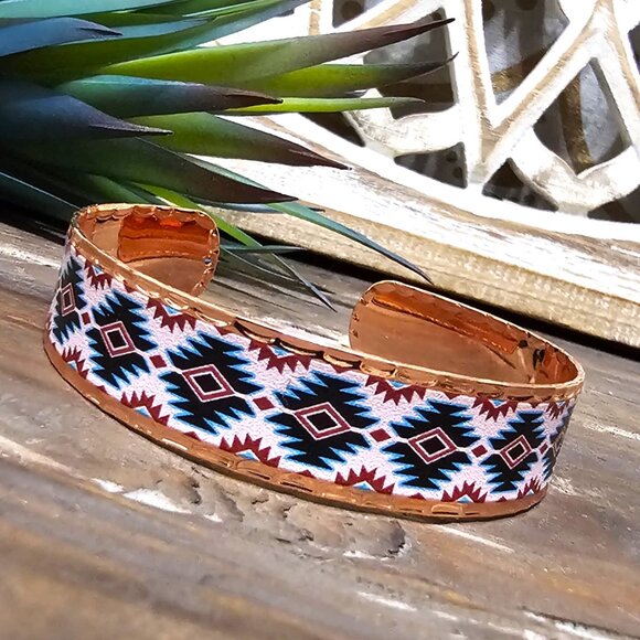Cuff Bracelet, Copper Turquoise Black Burgundy White Southwestern Aztec Pattern - Picture 8 of 8